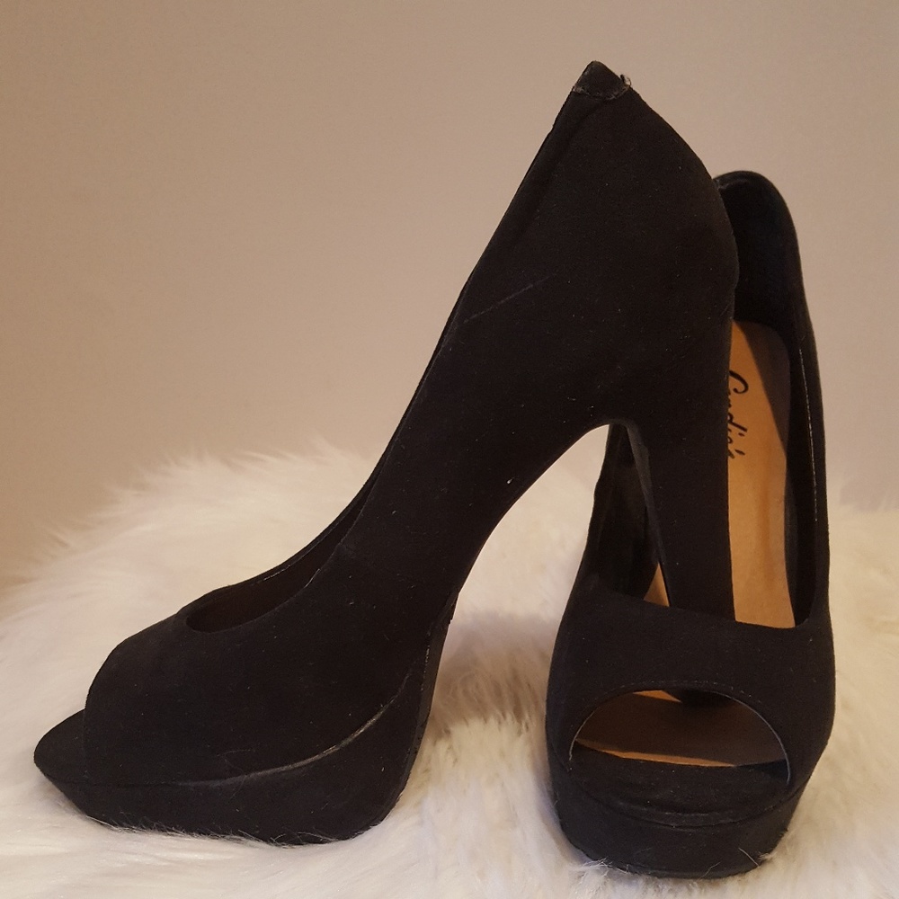 Candies Black Sued Open Toe Platform Heels